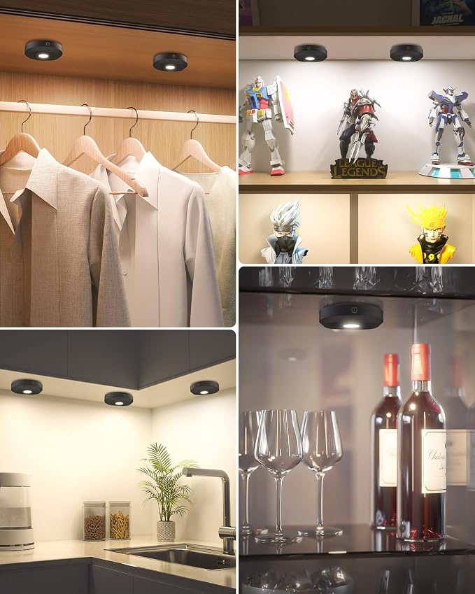 WILLED Under Cabinet Lighting Wireless,Rechargeable Puck Lights with Remote Control,Battery Tap Light Stick On,3 Colors and Timer Function LED Lights for Kitchen,Cabinet,Counter,Closet,Shelf,6 Pack