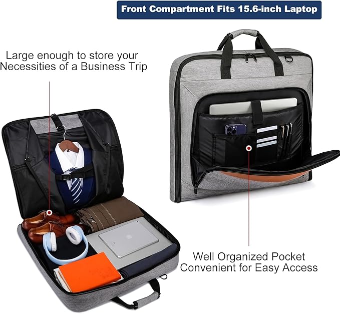 Garment Bag Travel Suit Bag Large 40-Inch Carry on Bag Up to 3 Suits,2 in 1 Hanging Luggage Bags, Fits 15.6Inch Laptop