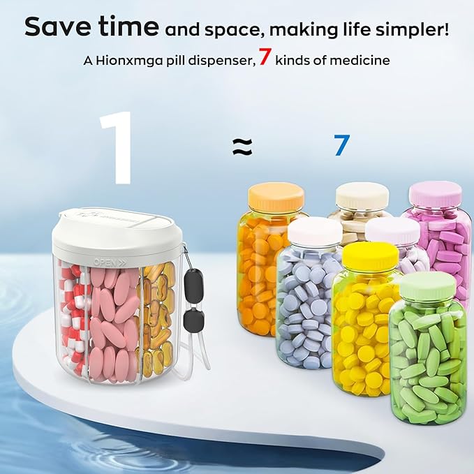Pill Dispenser with 7 Large Compartments, 4.4" H x 3.6" Dia Pill Bottle Organizer for Travel, Supplement Organizer with Anti-Mixing Design, BPA-Free Pill Container with 20 Pcs Labels, Beige