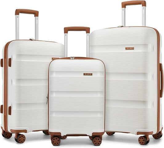 Kono Luggage Sets 3 Piece Hard Shell Travel Trolley 4 Spinner Wheels Lightweight Polypropylene Suitcase with TSA Lock (Cream White, 20/24/28 Set)