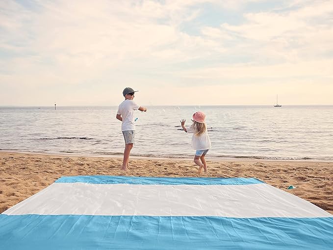 WEKAPO Beach Blanket Sandproof Waterproof, Extra Large Beach Mat, Oversized & Compact Sand Free, Quick Drying Beach Essentials for Vacation, Cruise, Picnic & Camping with Stakes