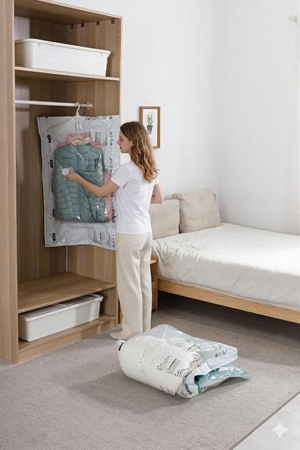 Vacuum Storage Bags for Clothing - NeatNest 6 Pack Space Saver Garment Bags with Hangers, 3 Medium + 3 Large, Vacuum or Hand Press Compression, Airtight for Closet Organization, PE+PA Material