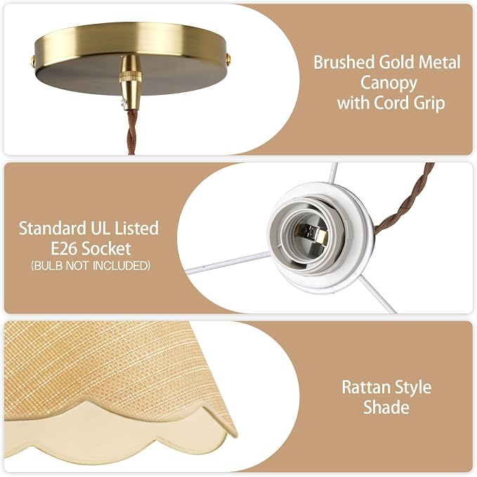 13" Gold Rattan Pendant Light, Modern Farmhouse Hanging Lamp with Scalloped Drum Shade, Vintage Coastal Boho Lighting Fixture for Kitchen Island, Dining Room, Bedroom, Living Room, Foyer