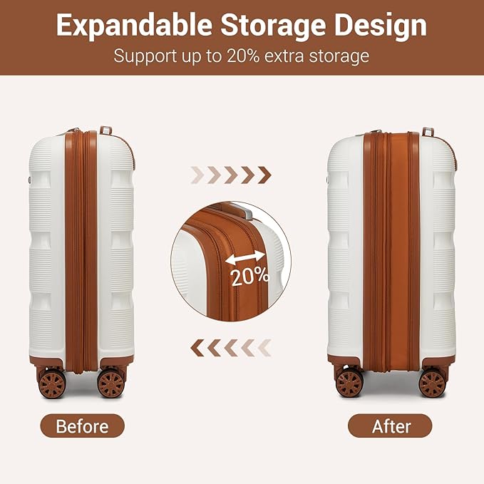 Kono Carry On Luggage 20 Inch Expandable 22x14x9 Airline Approved Hard Shell Travel Trolley 4 Spinner Wheels Lightweight Polypropylene Suitcase with TSA Lock, Cream White