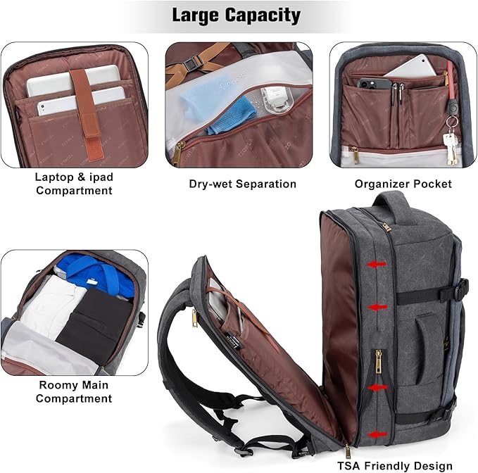 Tzowla 40L Canvas Expandable Travel Laptop Backpack for Men Women Carry on Flight Approved,Large Capacity Anti Theft Backpacks,Vintage Personal Item Bag Fit 17.3" Laptop(Black & Blue)