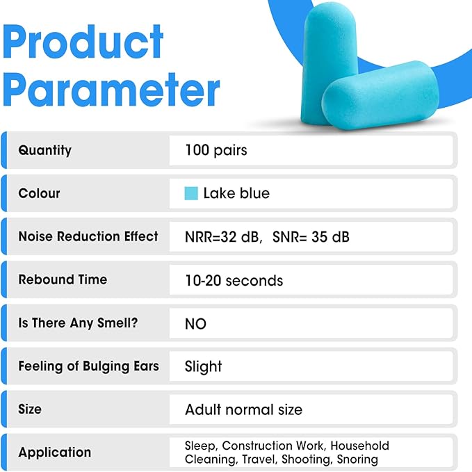 AZEN 100 Pairs Ear Plugs Bulk, NRR 32dB Soft Foam Ear Plugs for Sleeping Noise Cancelling, Earplugs for Concerts Shooting Swimming Noise Reduction (Lake Blue)