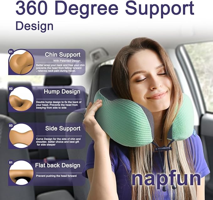 napfun Neck Pillow for Travel with Travel Pouch, Sleep Mask & Earplugs, Memory Foam Airplane Pillow for Headrest Sleep with Eyeshades, Plane Essentials with Eye Blindfold, Turquoise Striped Kit