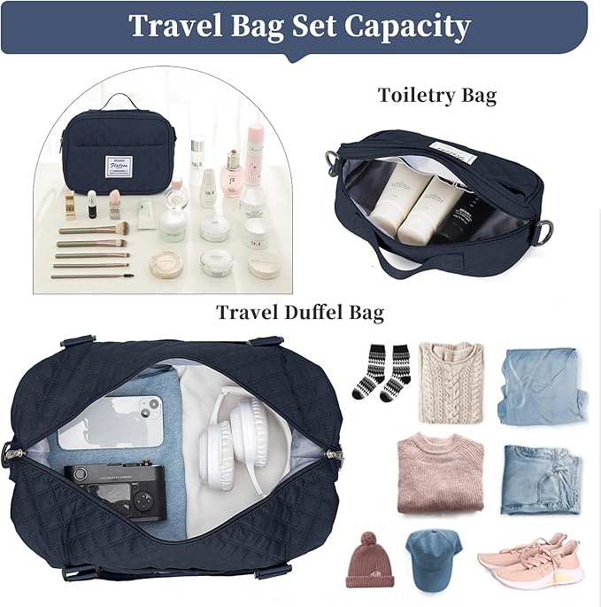 Weekender Bags for Women, Carry on Overnight Weekend Travel Duffel Bag with Shoes Compartment &Toiletry Bag, Personal Item Bag for Travel Business Trips Sport Hospital，Grid-NavyBlue