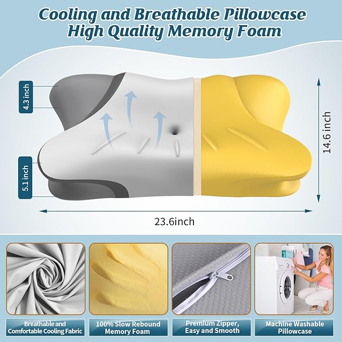 Cervical Neck Pillow for Pain Relief, Bed Pillows for Head Neck Shoulder Support, Ergonomic Cooling Pillow, Orthopedic Contour Pillow for Side Back Stomach Sleepers,Neck Support Memory Foam Pillows