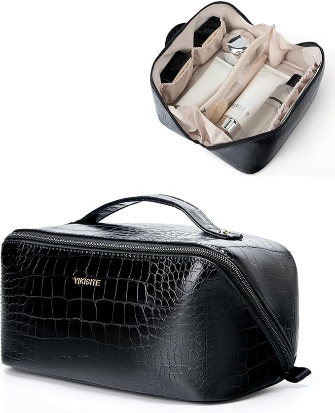 Make Up Bag, Cosmetic Organizer for Women, Waterproof Croc PU Leather Makeup Organizer with Divider and Handle Toiletry Bag Travel Bag (Croc Embossed, Black)