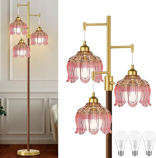 Vintage Floor Lamps for Living Room 3 Light Glass Floor Lamp with 3 Color Temperatures, Dimmable Flower Floor Lamp Gold Mid Century Modern Standing Lamp Tall Tree Wood Floor Lamp for Bedroom Corner