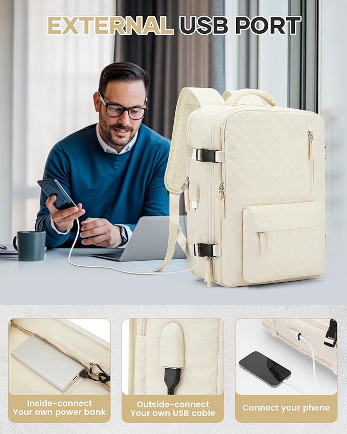 VECAVE Vacuum Travel Backpack with Pump for Women,Personal Item Carry on Backpacks Flight Approved 18x14x8 inches for Men,Laptop Waterproof Work Compression bags Casual Daypack Beige.