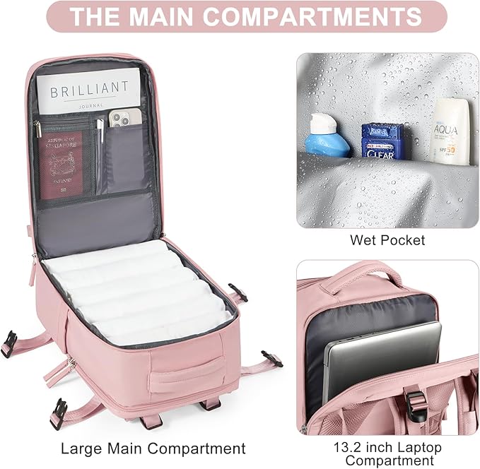 Travel Backpack for Women Airline Approved Carry on Backpack for Airplanes Mochila De Viaje Personal Item Travel Bag Spirit Airlines Personal Item Bag 18x14x8 Backpack for Traveling on Airplane Pink