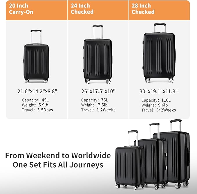 Kono Expandable Luggage 3 Piece Set Hardshell Lightweight 20in 24in 28in Carry On Suitcase with Spinner Wheels TSA Lock(Black)
