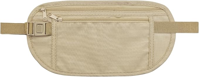 FuninCrea Money Belt, Nylon Fanny Pack Hidden Belt Bag with RFID Blocking for Women Men, Anti-theft Waist Pack Under Clothes with Adjustable Buckle for Travel, Running, Hiking, Cycling (khaki)