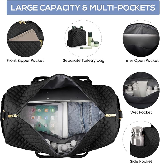 Travel Weekender Duffle Bags for Women - Large Carry On Bag with Shoe Compartment Overnight Bag with Toiletry Bag Duffel Bags with Wet Pocket for Gym Hospital Bags for Labor and Delivery Black