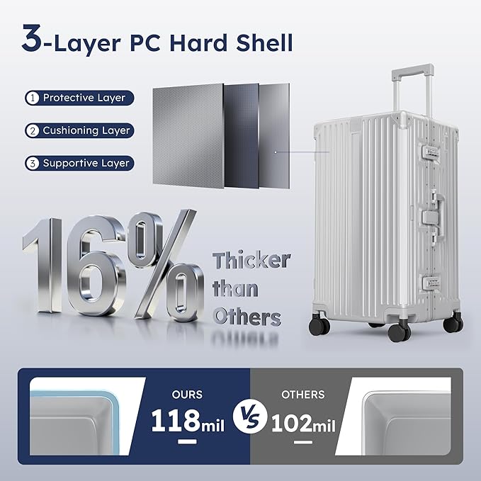 ALPHA CAMP Trunk Luggage, Large 26 Inch Thickened Aluminum Frame Luggage with TSA Spinner Wheels, 3-Layer PC Hardside Zipperless Travel Suitcase, Type-C USB Charging Port, Cup Holder， Sliver