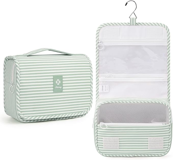 Narwey Small Hanging Toiletry Bag for Travel Women Girl, Striped Toiletries Travel Bag with Hook, Hanging Makeup Bag Organizer Make Up Cosmetic Bags (Mint Green Stripe)