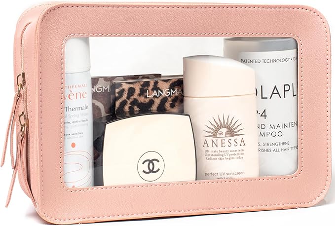 LETGO Clear Makeup Bags, TSA Approved Toiletry Bag with Zipper, Makeup Organizer for Carry-on Travel Essentials, Car Accessories Organizers Storage for Women Men (Clear-Pink)