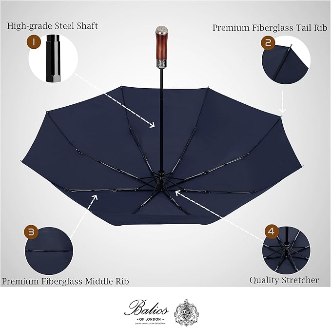 Balios (Designed in UK) Travel Umbrella Luxurious Golden Hardwood Handle Auto Open & Close Windproof Frame Single Canopy Automatic Folding Umbrella Men's & Ladies