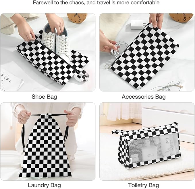 8 Set Packing Cubes for Suitcases,Packing Cube with Shoe, Cosmetics, Clothing, and Accessories Bags Packing Cubes for Travel Luggage Organizer Women Men(Black White Checkered)