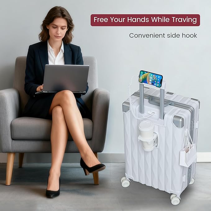 20 Inch Carry On Luggage with Spinner Wheels,Aluminum Frame PC Hard Shell Suitcase with USB Port,Lightweight Travel Luggage Airline Approved for Men Women, White
