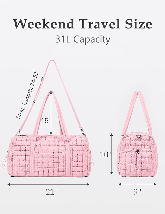 Quilted Travel Duffle Bag for Women Medium Weekender Bag Puffer Overnight Bag Large Soft Puffy Duffel Bag Carry-On Gym Bag Lightweight Personal Item Travel Bag for Trips Business Sport Airplane