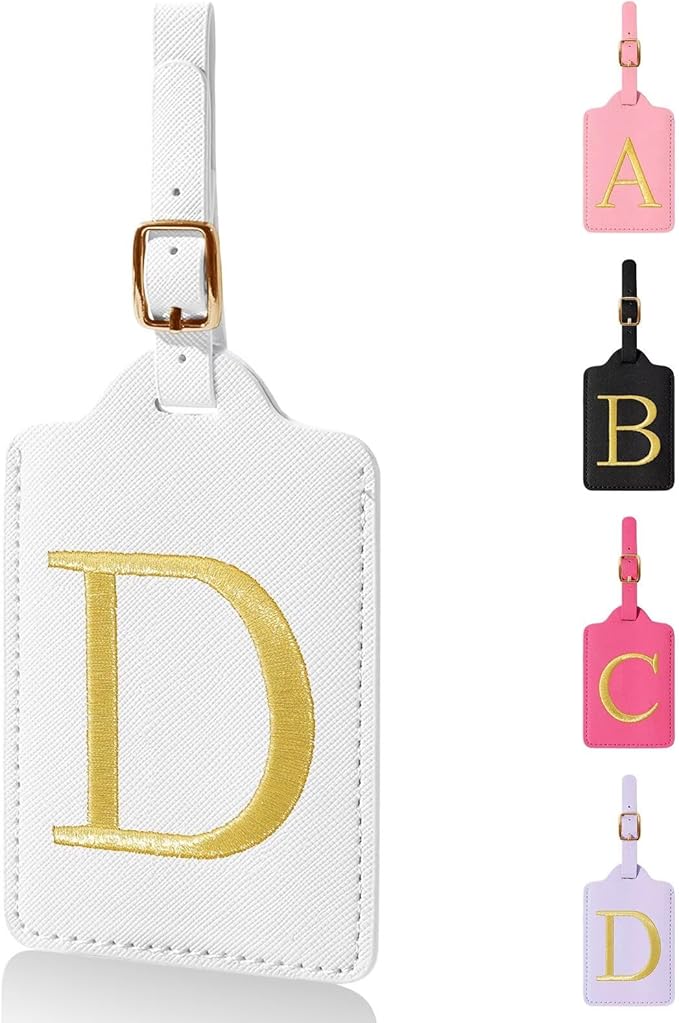 Personalized Initial Luggage Tags for Suitcases,Leather Letter Cute Luggage Tags with Privacy Name Card,Embroidered Monogrammed Travel Bag Backpack Tag Gifts for Women Kids Girls Teens(White-D)