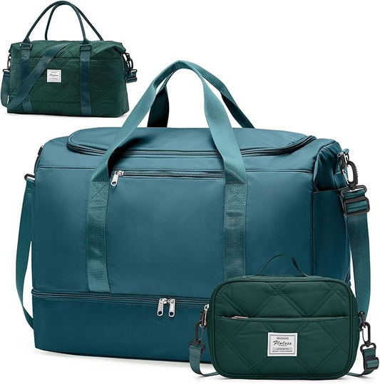 Extra Large Travel Duffle Bag,Carry on Overnight Bag with Shoes Compartment,Weekender Bags for Women for Travel Business Trips Sport Hospital,3 Pcs Set,Peacock Blue