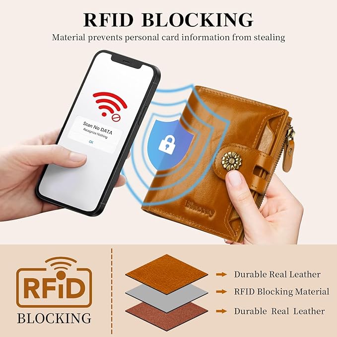 Leather Wallet Women,RFID Blocking Womens Wallet Bifold Compact Card Holder Small Wallet for Women with Removable ID Window LightBrown