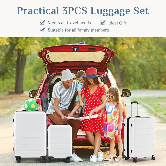 OLIXIS 3-Piece Suitcase Set, Hardside Luggages with Spinner Wheels, Lightweight ABS Hard Shell Travel Luggage, Expandable Carry-On Suitcase with TSA Approved Lock–White(20+24+28 Inch)