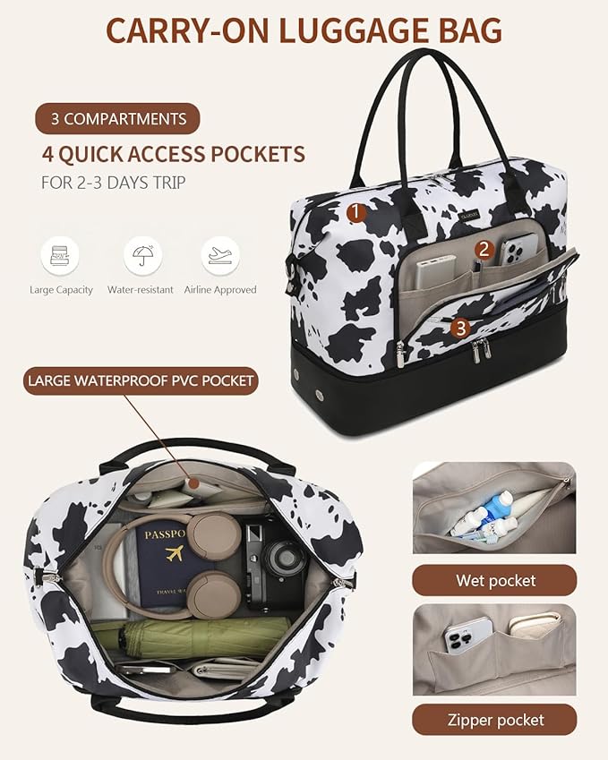 Weekender Bags for Women, Travel Duffle Bag Carry On Overnight Bag with Cosmetics Bag and Crossbody Purse for Gym Hospital, Gifts for Women, Cow Print Black