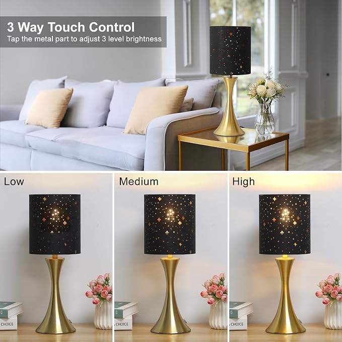 Touch Table Lamp,3 Way Dimmable Gold Bedside Lamp with Black Star Shade | Touch Control Nightstand Lamp, Decorative Ambient Bedside Light for Living Room, Bedroom, Dorm, Office, LED Bulb Included