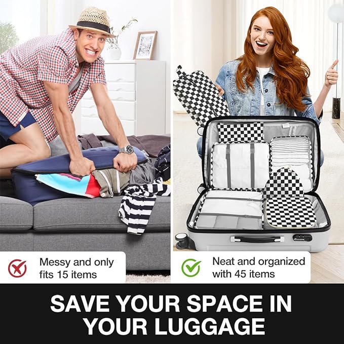 8 Set Packing Cubes for Suitcases,Packing Cube with Shoe, Cosmetics, Clothing, and Accessories Bags Packing Cubes for Travel Luggage Organizer Women Men(Black White Checkered)
