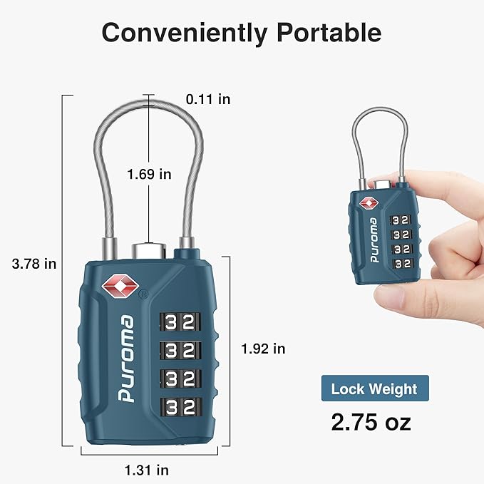 Puroma 2 Pack TSA Approved Luggage Locks, 4 Digit Combination Travel Cable Locks Resettable Code Lock with Zinc Alloy Body for Suitcase, Toolbox, Backpack, Bag, Gym Locker (Basic Blue Peacock)