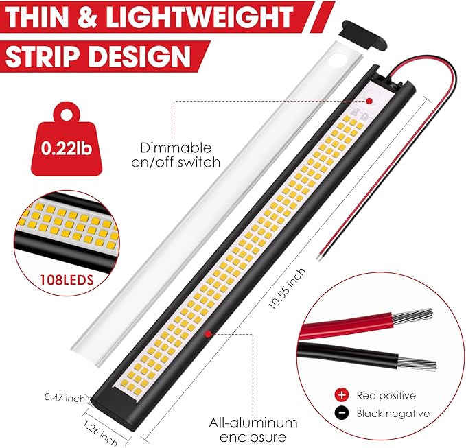 12 Volt Light Strip, 12V Light LED, Enclosed Trailer Lights, Light for RV Interior, String Lights for Trailer, Truck, Van, RV(2Pack, 4000K, Black)