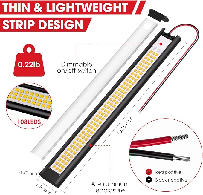 12 Volt LED Lights, Enclosed Trailer Light, RV Interior Lighting, 4000K String Lights for Trailer, Truck, Van, RV(2Pack, Black, with 2 Tapes)