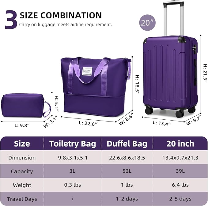 LARVENDER Luggage Sets 3 Piece, Expandable Carry on Luggage 22x14x9 Airline Approved Hardshell Suitcase with Spinner Wheels TSA Lock, Lightweight Rolling Luggage for Men and Women, Grape Purple