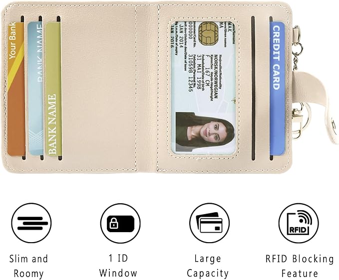 Airkit Small Wallets Woman RFID Blocking Leather Credit Card Holder - with ID Window - Card Wallets for Women - with Zipper Coin Purse - Keychain Wallet