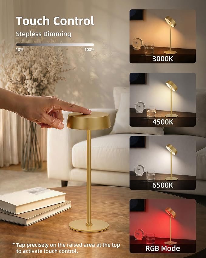 EZVALO Cordless Lamp, Rechargeable Table Lamp, Battery Operated | Portable Outdoor Waterproof, 3 Color Temps RGB, Dimmable Touch Control, LED Memory Function, Restaurant Dining Patio Gold 1Pc