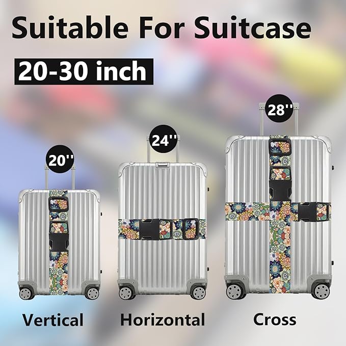 2 Pack Luggage Straps for Suitcases, Adjustable Travel Belt with Double Lock, Bright Colors Travel Packing Straps with Quick Release Buckle Unique Nylon for Sleeping Bag Car Seat (Flower Mix)