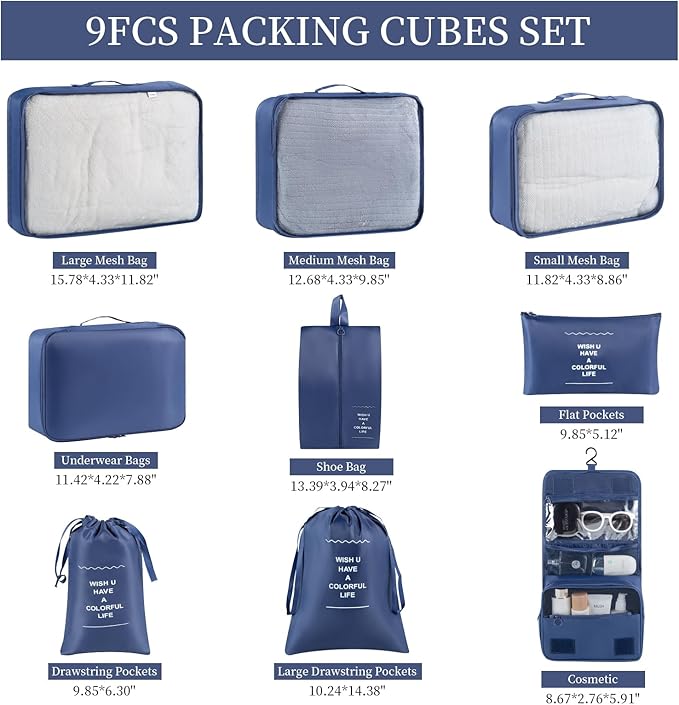 9 Set Packing Cubes for Travel Essentials, Suitcase Organizer Bags for Airplane Road Trip Camp - Navy Blue