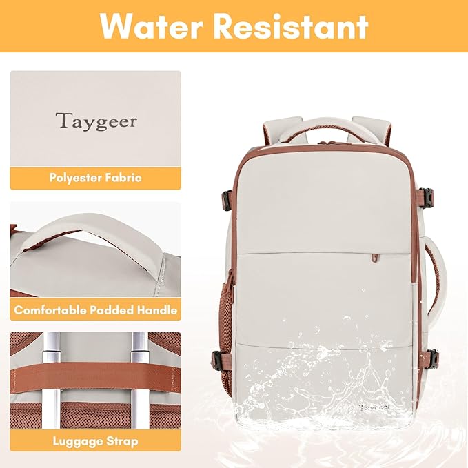 Taygeer Backpack for Women, College Backpack with Laptop Compartment & Shoe Pouch, 40l Travel Laptop Mochila Carry On Luggage, Airline Approved Personal Item Bag for Weekender Gym Hiking, Khaki White