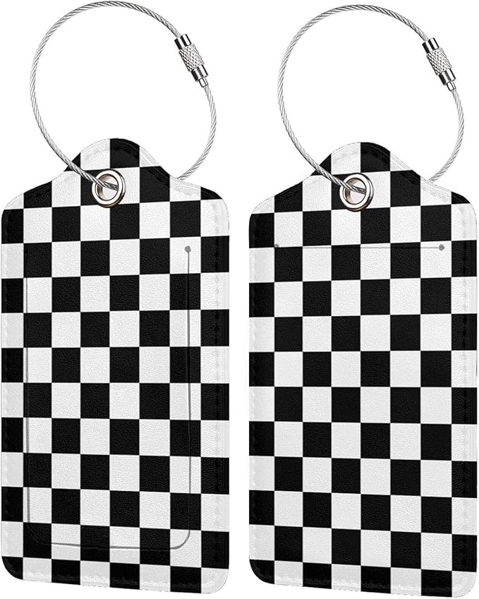 2 Pack Luggage Tags for Travel PU Leather Luggage Tag Name ID Labels with Privacy Cover for Suitcases Women Men Kids Girls (Black and White Grid)