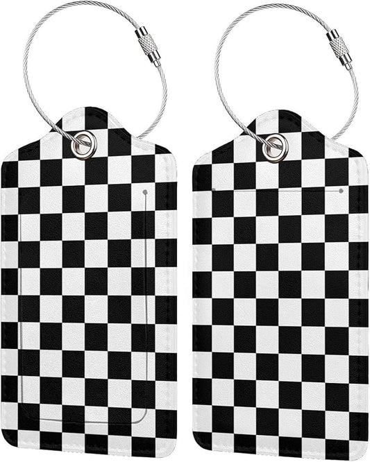 2 Pack Luggage Tags for Travel PU Leather Luggage Tag Name ID Labels with Privacy Cover for Suitcases Women Men Kids Girls (Black and White Grid)