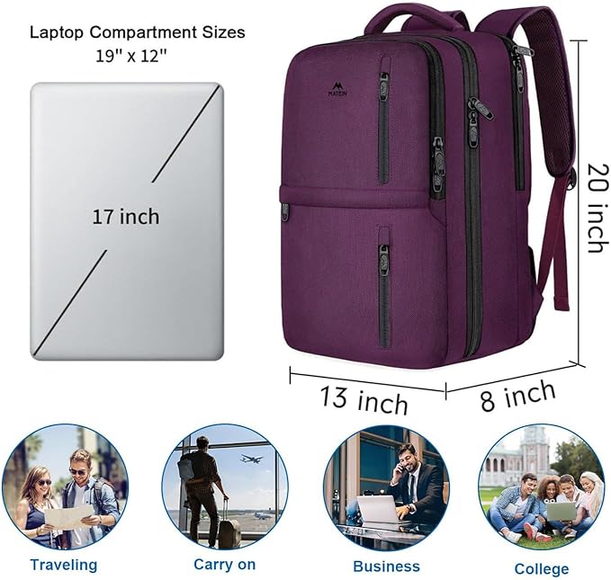 MATEIN Travel Backpack for Women, Extra Large 40L Carry on Backpack, Water Resistant College Bag Computer Bag Gifts for Women & Men Fits 17.3 Inch Laptop, Purple