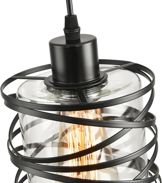 3 Pack Pendant Light Kitchen Island Pendant Lighting, Glass Hanging Light with Spiral Cage Clear Glass Shade, Black Modern Indoor Hanging Lamp
