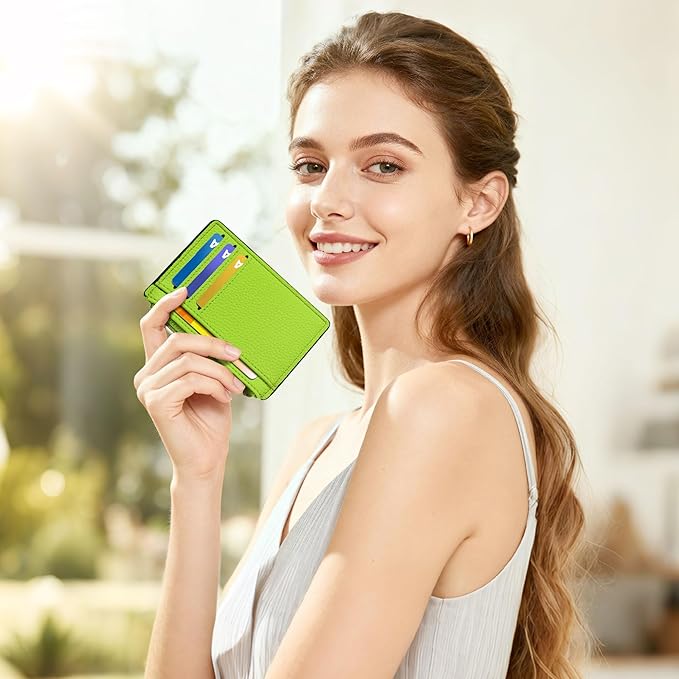Tipmile Credit Card Holder for Women Slim Minimalist Front Pocket RFID Blocking Wallet Small Compact Card Case with ID Window, Neon Green