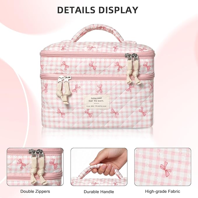 Makeup Bag, Portable Travel Make up Bag, Large Capacity Quilted Cosmetic Organizer Bag, Cute Floral Toiletry Bag for Women Girls (Pink Bow)