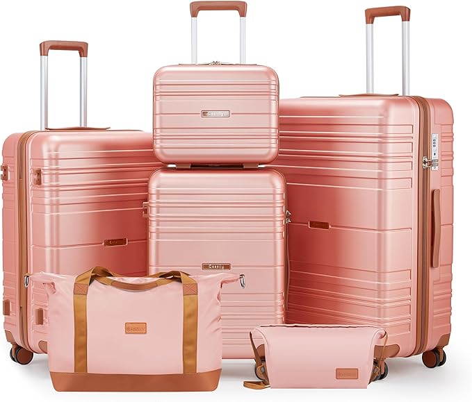Luggage Sets 6 Piece with Spinner Wheels, Lightweight Hardshell Suitcase Set with TSA Lock, Carry On Checked Luggage Set with YKK Zippers (Pink, 6 piece sets（14/20/24/28/DB/TB）)